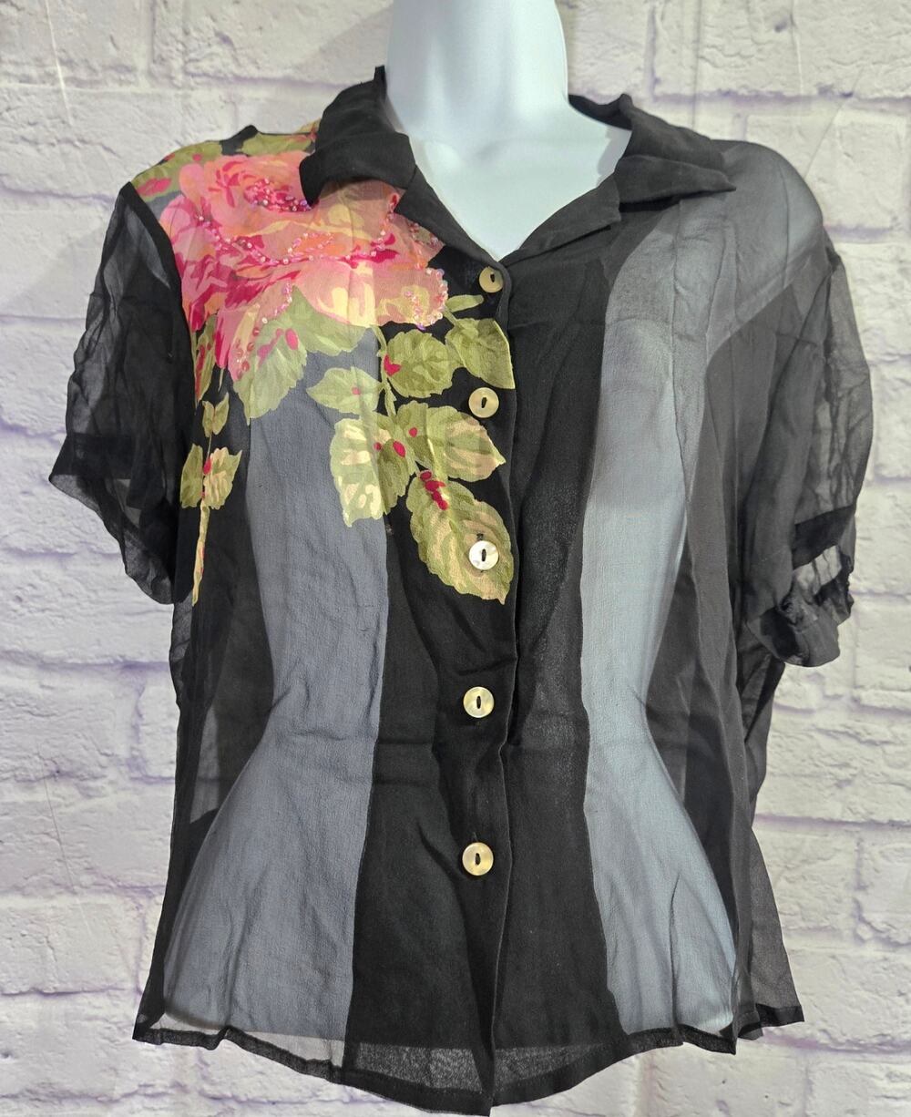 Robbie Bee Black Floral Sheer Button Up Crop Top Large Split Back Short Sleeves